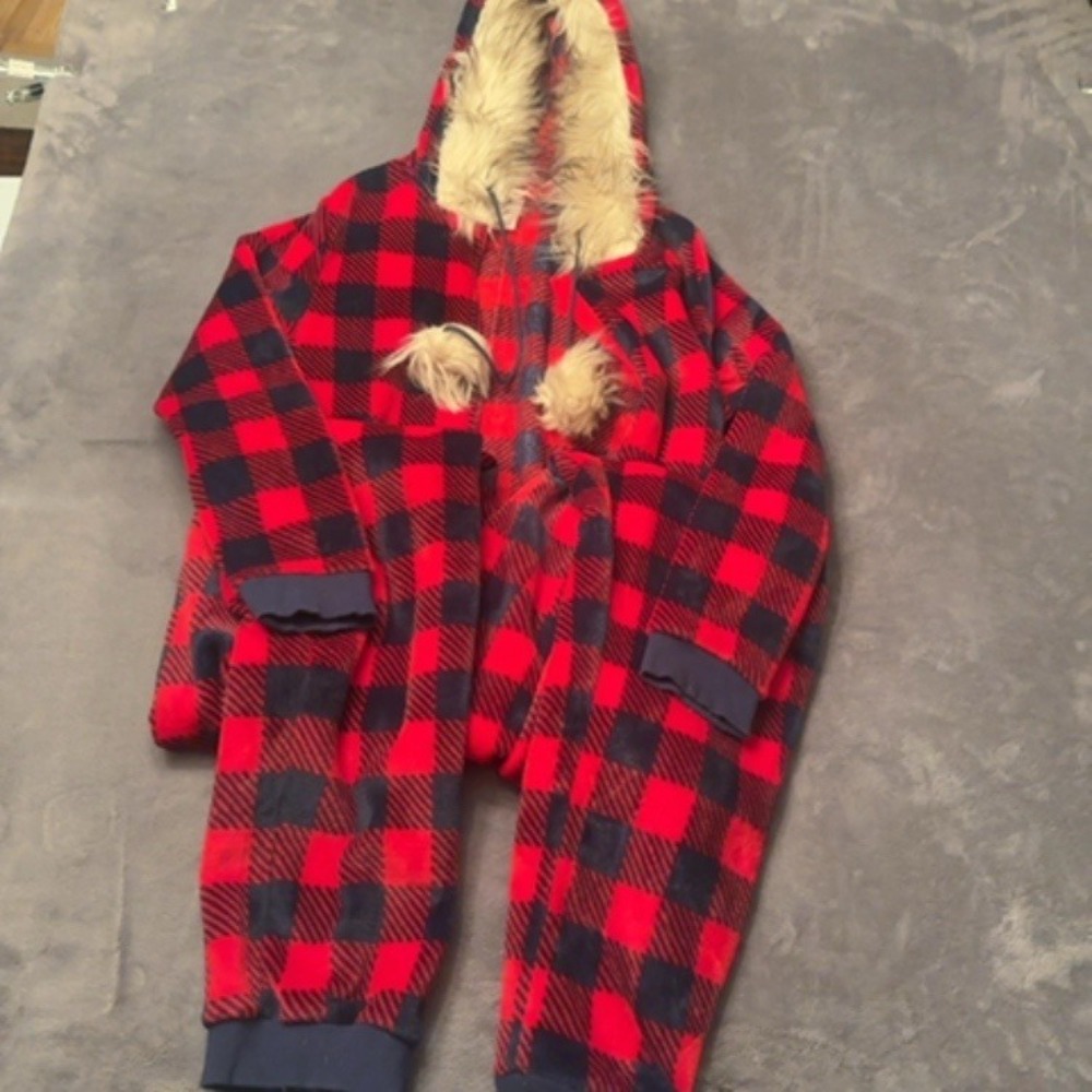 Secret Treasures Union Suit Red Navy Buffalo Plaid Faux Fur Hood XL/XG Pajamas